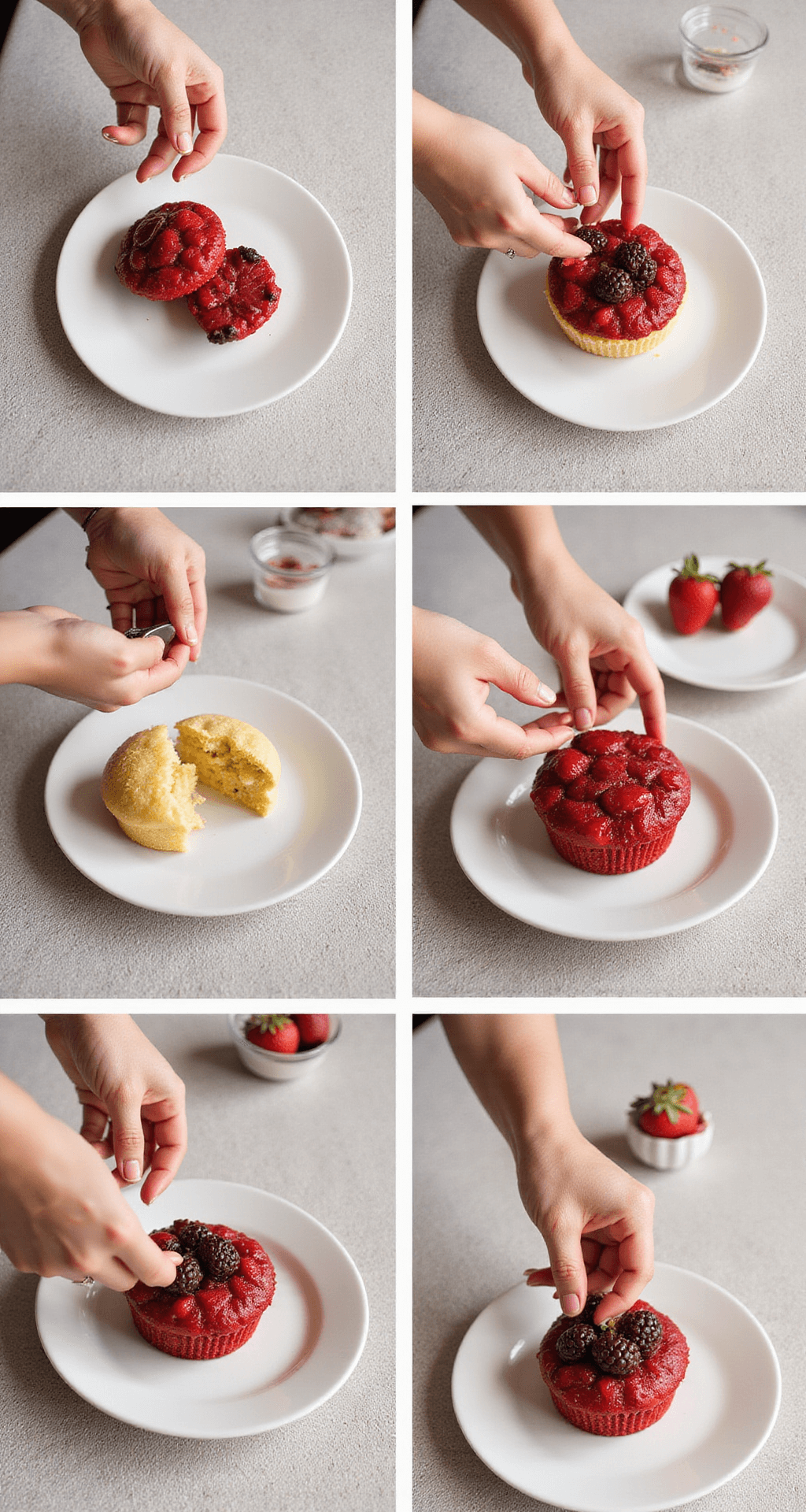 Berry Blast Cupcakes: A Burst of Fruity Delight A close-up of a kitchen countertop with ingredients and tools arranged for preparing berry cupcakes, including flour, sugar, fresh berries, and baking utensils.