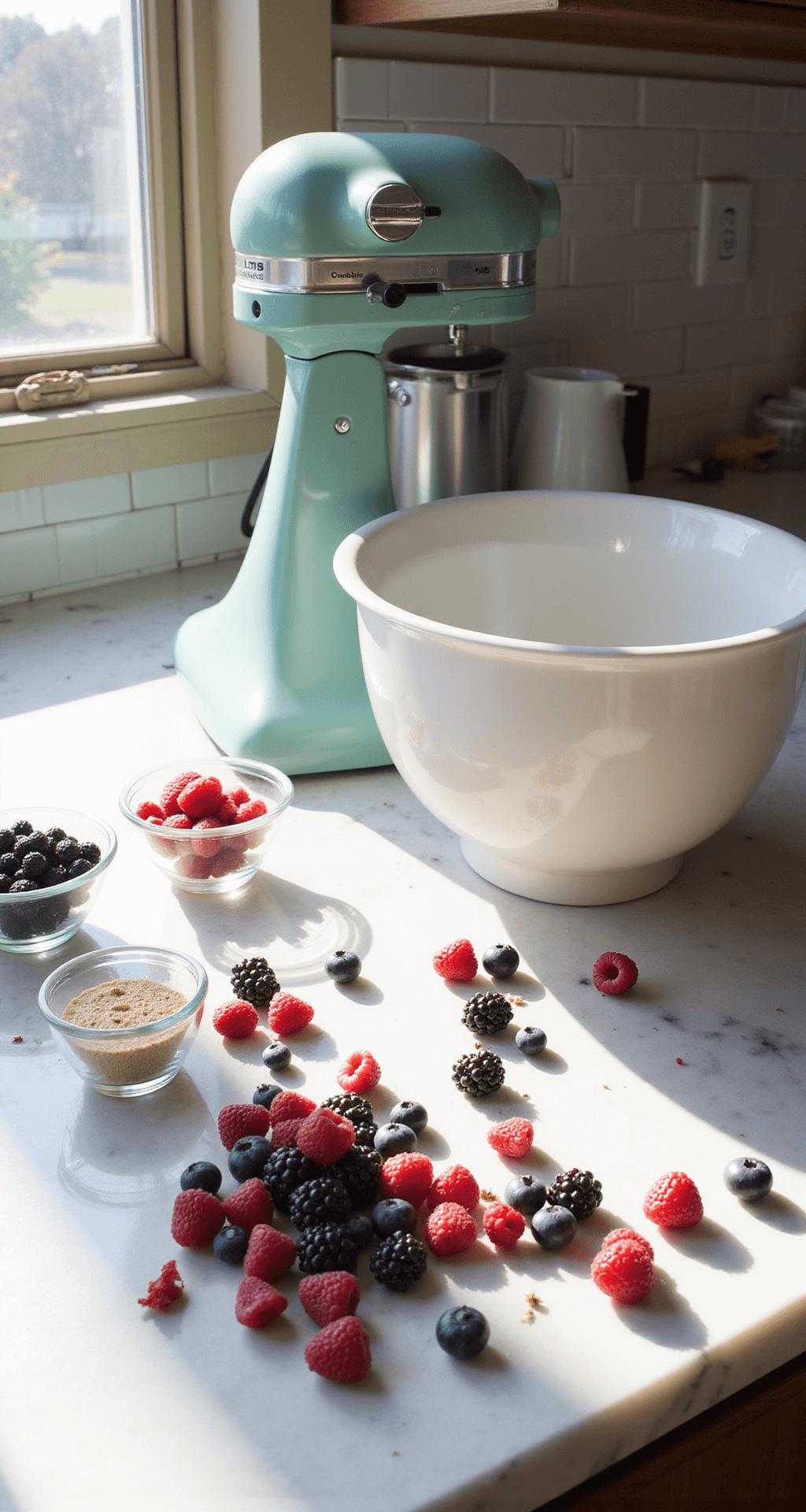 Berry Blast Cupcakes: A Burst of Summer in Every Bite A bright kitchen counter with scattered fresh berries, a white mixing bowl, a vintage electric mixer, and glass bowls of ingredients under natural morning light.