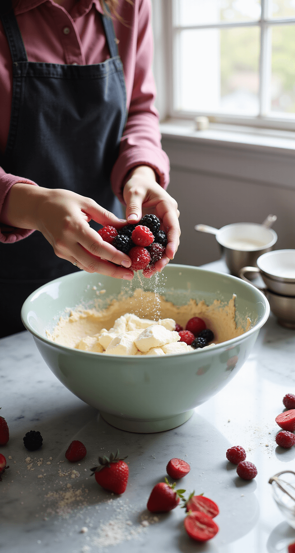 Berry Blast Cupcakes: A Burst of Fruity Delight A close-up of hands folding fresh mixed berries into creamy cupcake batter on a marble countertop, with measuring cups and scattered ingredients illuminated by natural light.