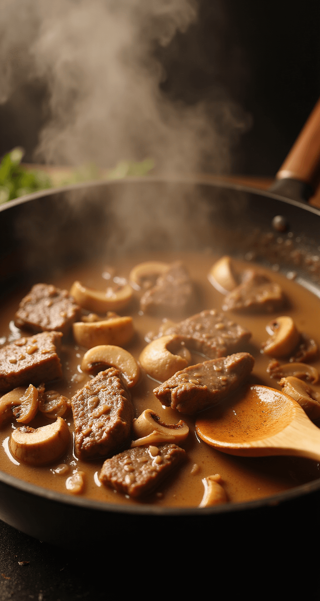 Classic Beef Stroganoff - A Creamy One-Skillet Wonder Dynamic scene of beef stroganoff cooking in a cast iron skillet with golden-brown beef, mushrooms, and onions; steam rises dramatically under warm lighting.