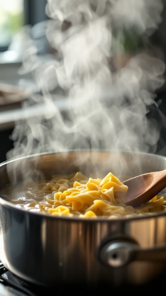 Garlic Parmesan Pasta (Quick & Creamy One-Pot Recipe) Steam rises from a large stainless steel pot of boiling water with submerged pasta, reflections gleam in natural light, and a wooden spoon rests on the pot's edge under soft kitchen lighting.