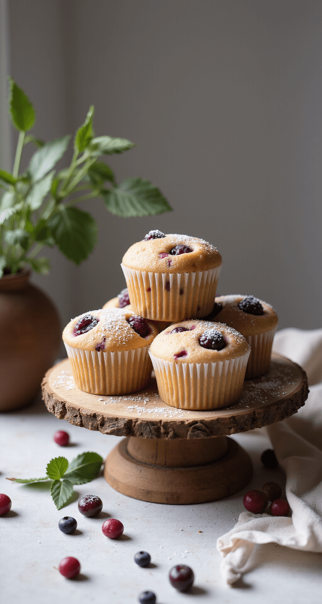 Berry Blast Cupcakes: A Burst of Summer in Every Bite Rustic wooden cake stand with berry-studded cupcakes, some topped with fresh berries and powdered sugar, surrounded by scattered berries and green leaves.