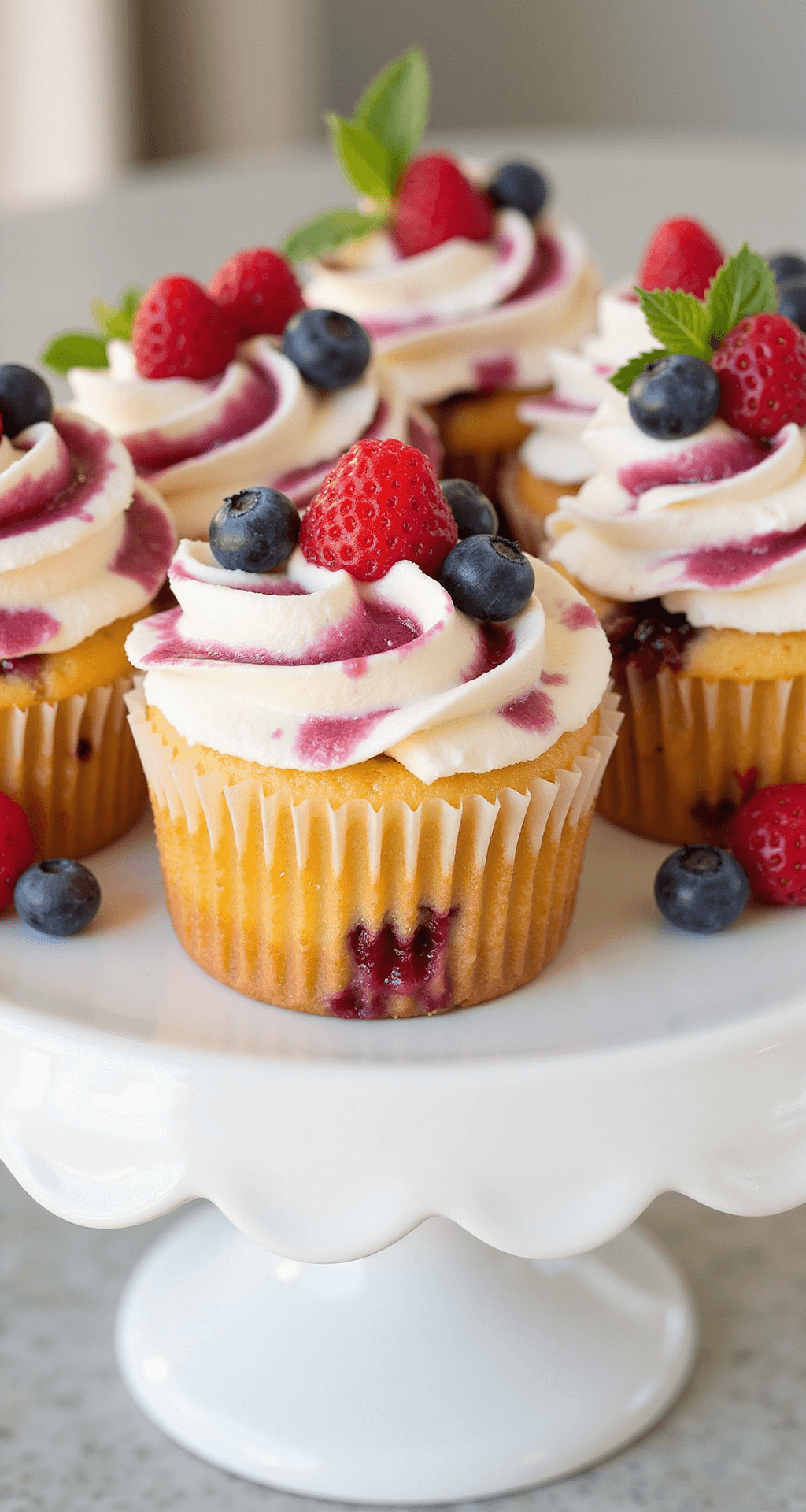 Berry Blast Cupcakes: A Burst of Fruity Delight A collection of berry cupcakes on a white ceramic cake stand, featuring cream cheese frosting, garnished with fresh berries and mint leaves, illuminated by soft afternoon light.