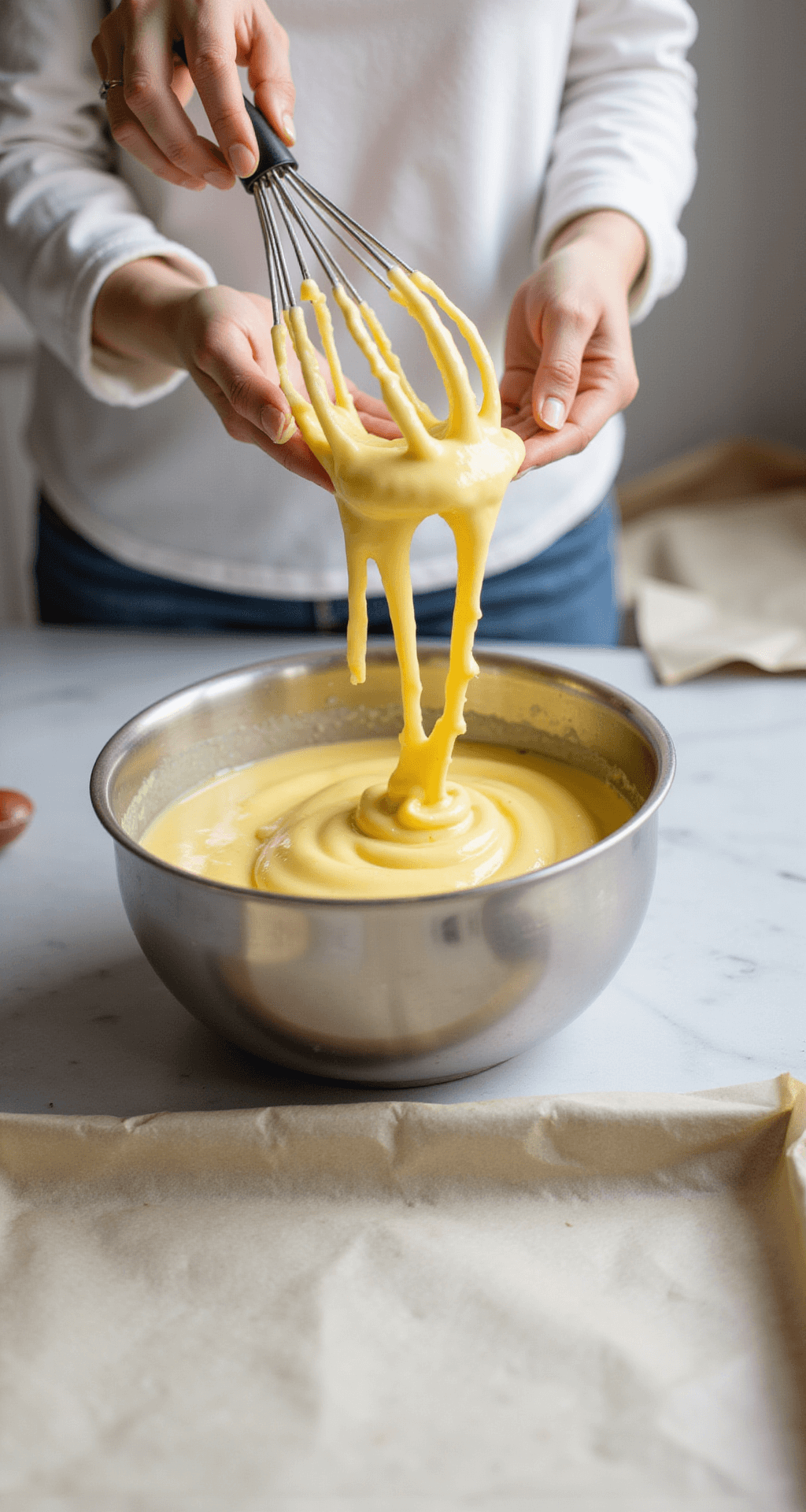 CAKE ROLL RECIPES: The Ultimate Guide to Mastering Elegant Rolled Desserts Close-up of hands whipping eggs in a metal bowl, showcasing ribbon-like texture; soft natural light highlights glossy yellow mixture against marble countertop with baking ingredients and a jelly roll pan in the background.