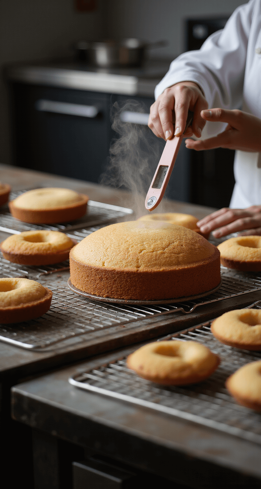 The Ultimate Dessert Recipe Guide: From Classic Treats to Modern Delights A baker testing a golden-brown cake with a thermometer in a modern kitchen, surrounded by cooling racks of desserts.