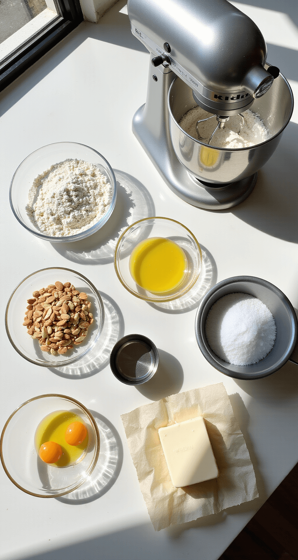 Keto Desserts: Indulgent Low-Carb Sweet Treats That Won't Kick You Out of Ketosis A sunlit modern kitchen counter with keto baking ingredients and tools neatly arranged.