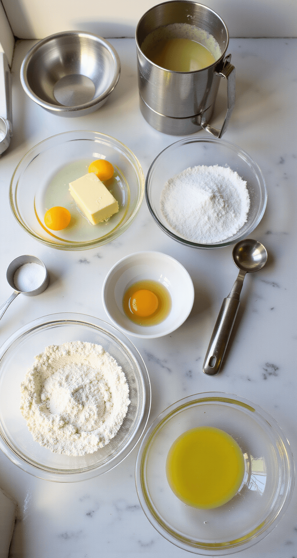 Mastering Desserts: Your Complete Recipe Roadmap Sunlit kitchen countertop with neatly arranged baking ingredients in glass bowls, including flour, sugar, eggs, and softened butter. Professional measuring tools and mixing bowls are aligned, bathed in natural light that highlights stainless steel utensils against a marble backdrop.