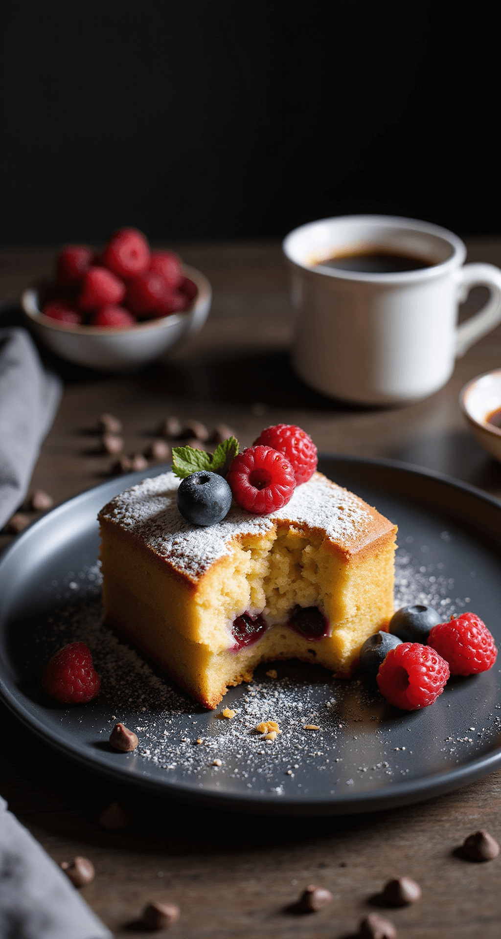 Keto Desserts: Indulgent Low-Carb Sweet Treats That Won't Kick You Out of Ketosis Keto dessert square with golden-brown top and moist interior on a black plate, garnished with fresh berries and powdered erythritol, accompanied by a cup of coffee and sugar-free chocolate chips.