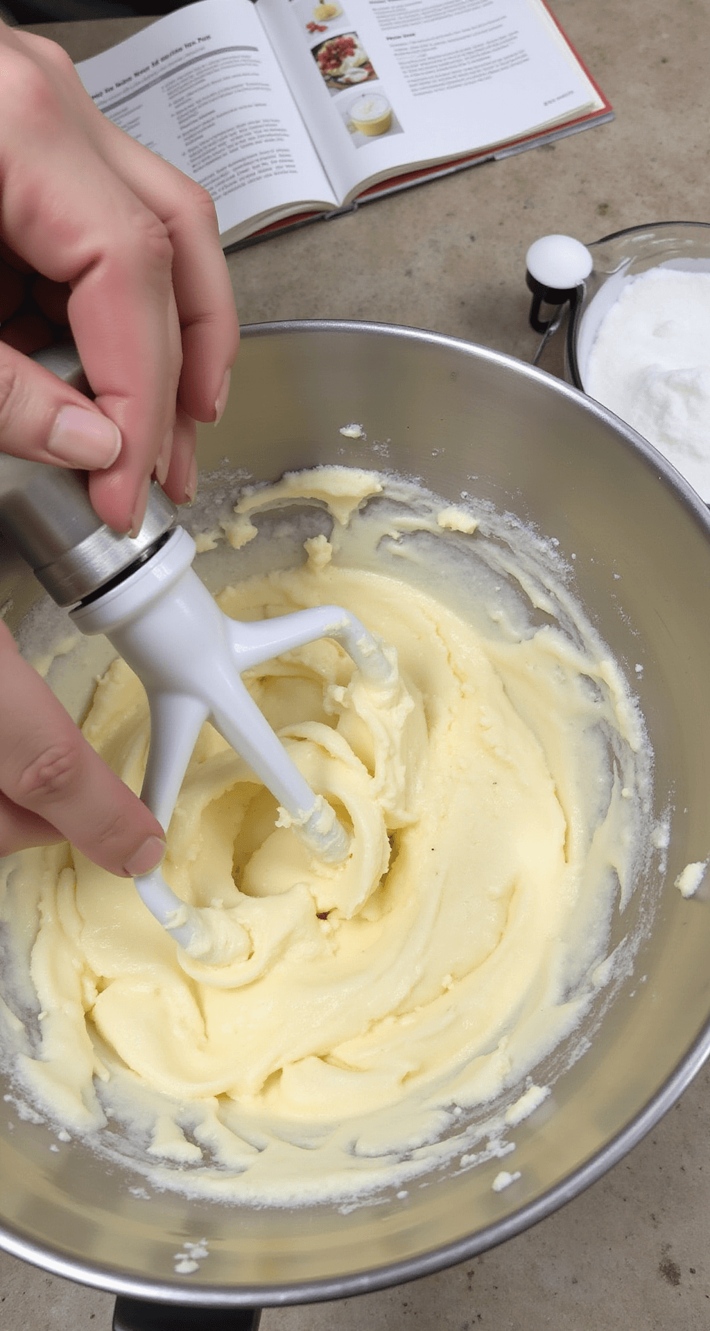 Mastering Desserts: Your Complete Recipe Roadmap Close-up of hands mixing butter and sugar in a stand mixer, showcasing a light, fluffy texture with ribbons forming in the bowl, softly lit with a recipe book and measured ingredients in the background.
