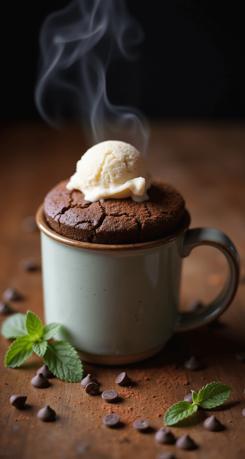 15-Minute Dessert Magic: Quick, Easy & Irresistible Recipes for Every Craving Finished chocolate mug cake with vanilla ice cream and cocoa dusting in ceramic mug