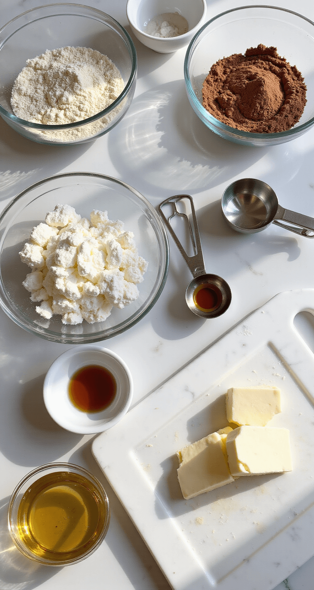 Ultimate Keto Dessert Recipes: Decadent Low-Carb Sweet Treats A sunlit kitchen counter arranged with keto baking ingredients: almond flour, cocoa powder, sweetener in glass bowls, softened cream cheese and butter on a marble board, farm-fresh eggs, vanilla extract, measuring cups, and a hand mixer, all illuminated by warm natural light.