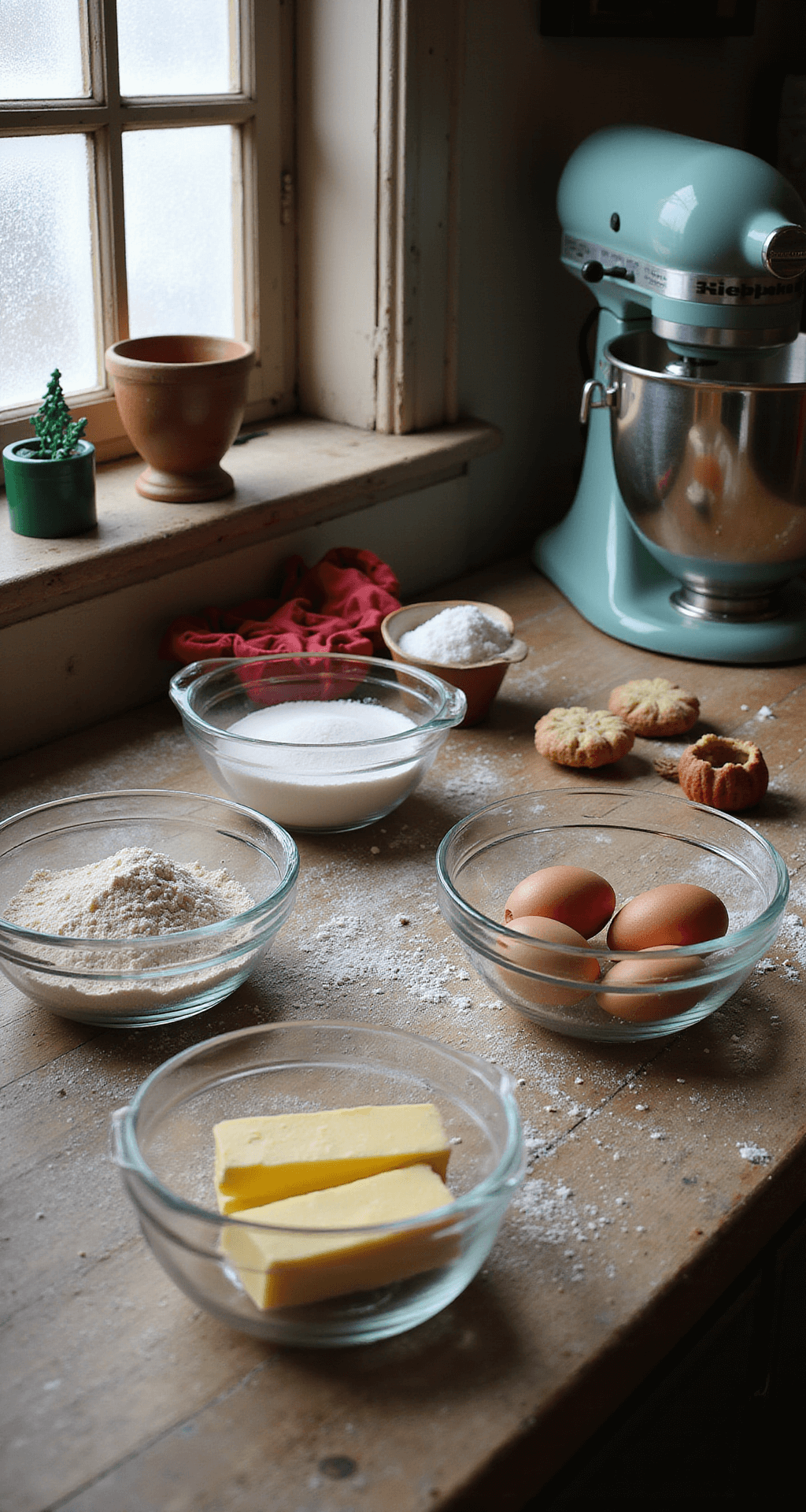 Christmas Dessert Extravaganza: Delightful Festive Treats to Sweeten Your Holiday A rustic kitchen countertop with baking ingredients in glass bowls, including flour, butter, eggs, and sugar, surrounded by vintage measuring cups, a stand mixer, and red and green cookie cutters. Morning light from a frosted window illuminates the scene.