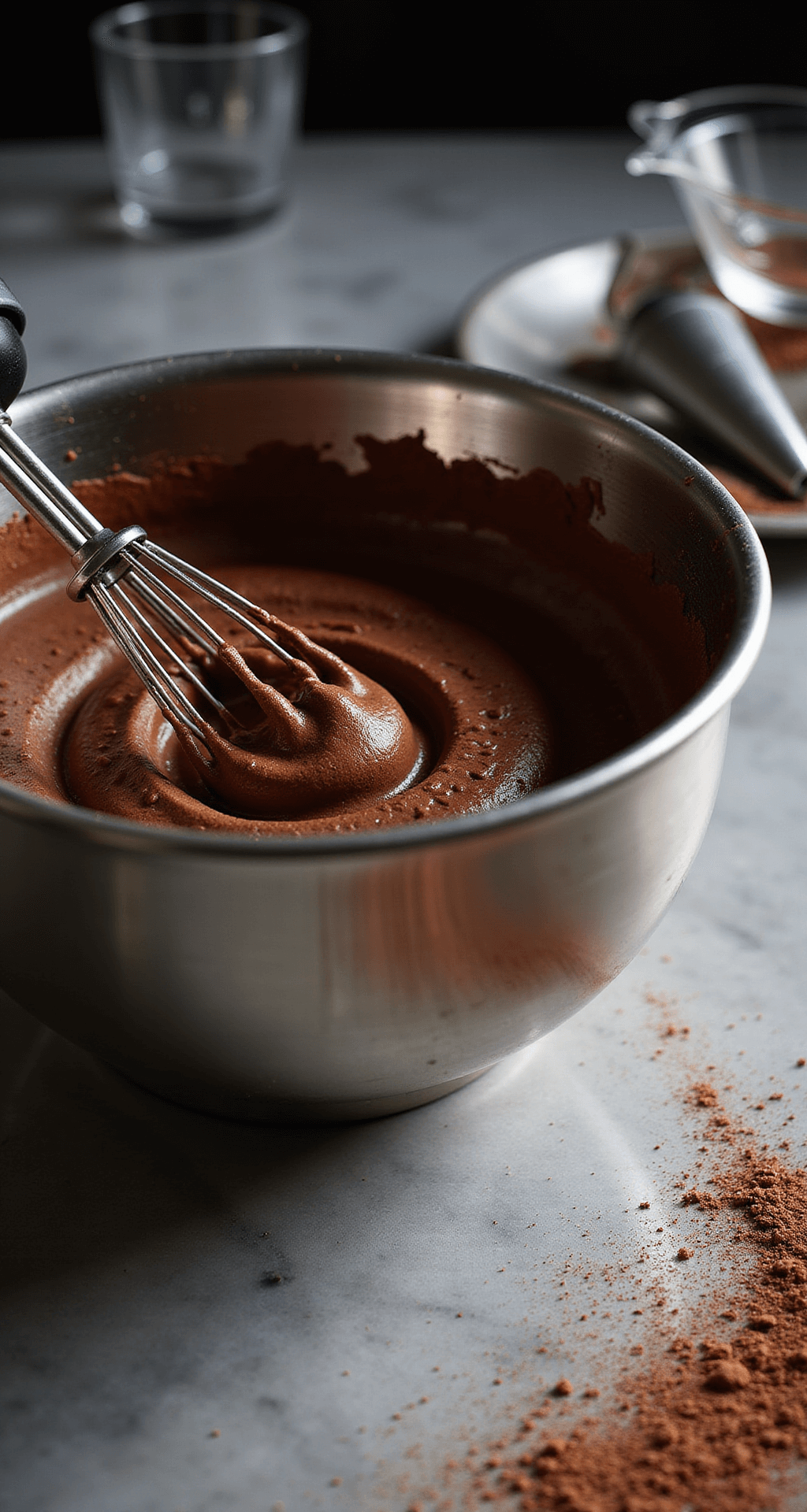 Ultimate Keto Dessert Recipes: Decadent Low-Carb Sweet Treats Close-up of a stainless steel mixing bowl with luxurious keto chocolate mousse, whisk attachment creating peaks, scattered cocoa powder and sweetener on a marble counter, with piping bag and elegant glass dishes in a moody, dramatic light.