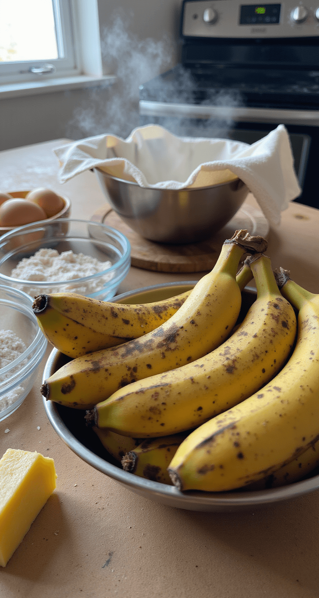 BANANA DESSERT DELIGHTS: THE ULTIMATE RECIPE GUIDE A sunlit kitchen counter showcases steel mixing bowls filled with overripe bananas, surrounded by farm-fresh eggs, measured flour in clear glass bowls, and golden butter, with natural light illuminating steam from a preheated oven.