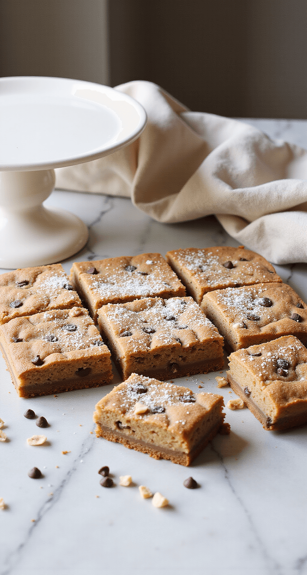 BANANA DESSERT DELIGHTS: THE ULTIMATE RECIPE GUIDE Freshly baked golden-brown banana bars with a crackled top, dusted with powdered sugar and garnished with chocolate chips and toasted nuts, displayed on a marble countertop with a vintage cake stand and a rustic linen napkin.