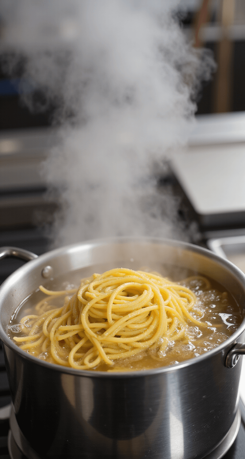 Garlic Parmesan Pasta: Your Ultimate Comfort Food Masterpiece A large stainless steel pot with boiling spaghetti and steam rising in a brightly lit kitchen, showcasing professional cookware.