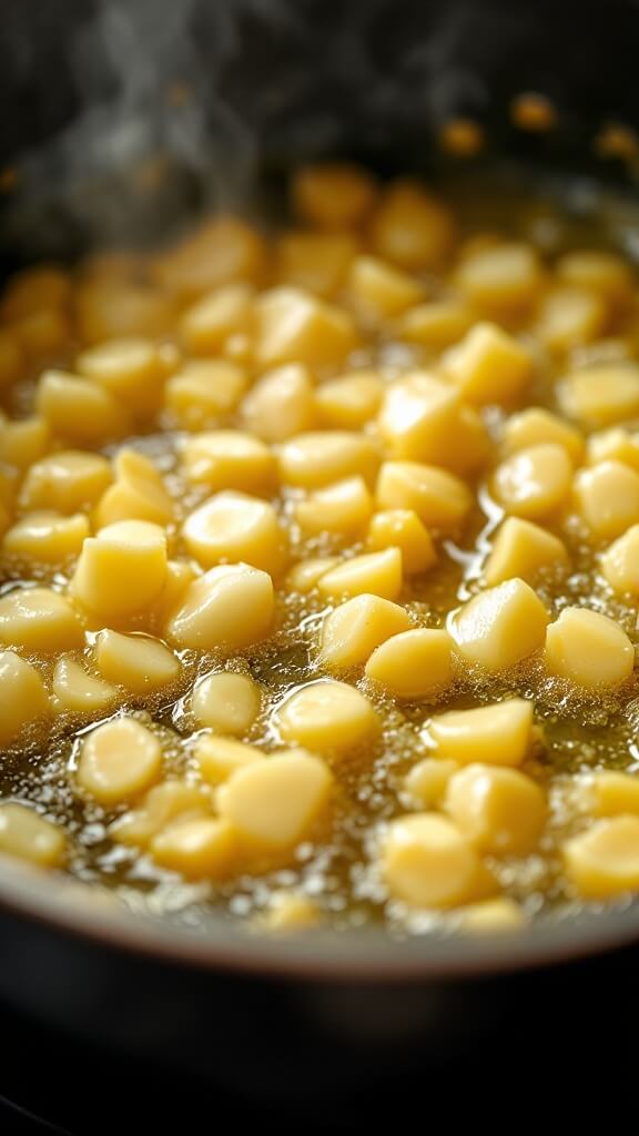 Garlic Parmesan Pasta (Quick & Creamy One-Pot Recipe) Close-up of melting butter and translucent sautéing garlic in a heavy-bottom pot, with golden bubbles and warm lighting highlighting steam.
