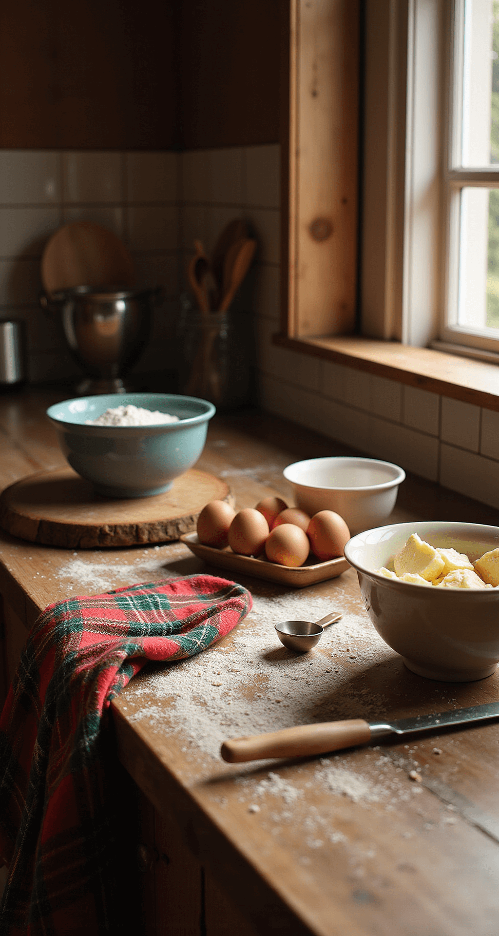 CHRISTMAS DESSERT DELIGHTS: Ultimate Holiday Sweet Guide A warm, inviting kitchen scene with a rustic wooden countertop showcasing organized baking essentials, including vintage mixing bowls and fresh ingredients like eggs, flour, and room-temperature butter, adorned with a plaid kitchen towel and a dusting of flour.