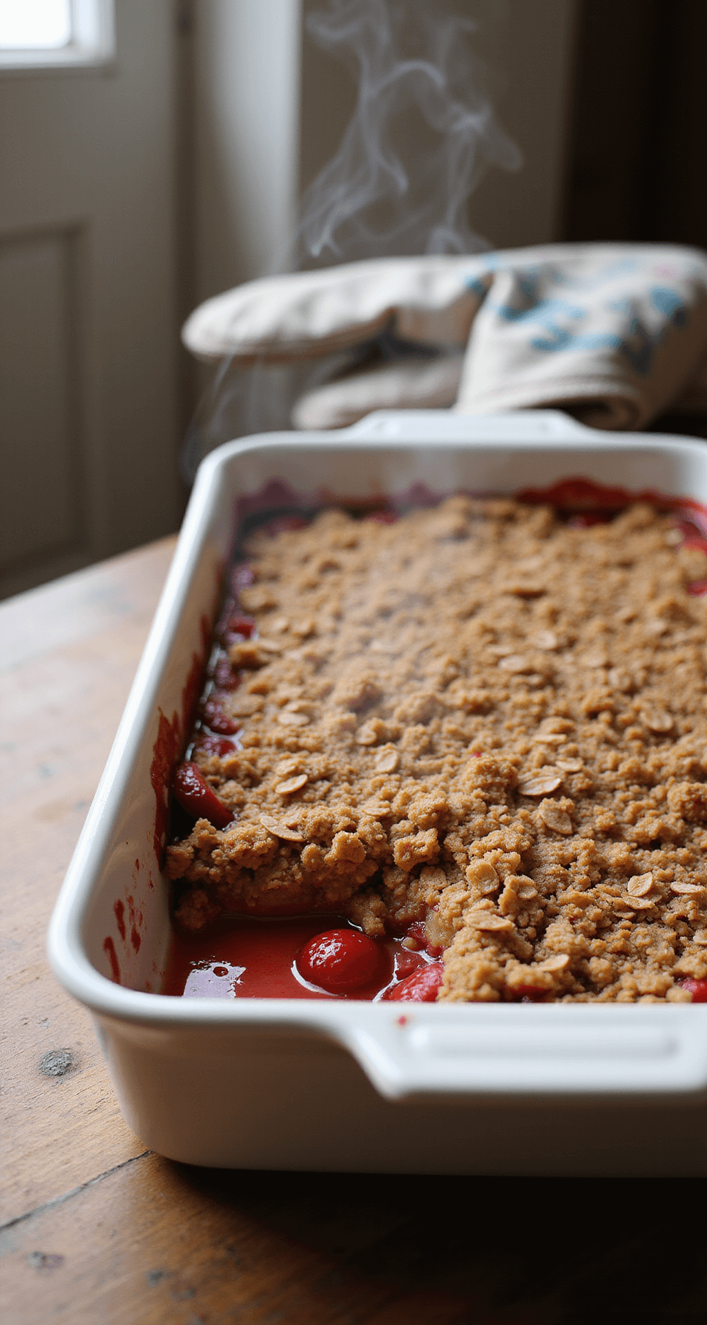 Strawberry Dessert Recipes: Sweet Delights to Satisfy Your Cravings A freshly baked strawberry crisp with a golden oat topping in a rustic dish, with steam rising and a vintage tea towel in the background.
