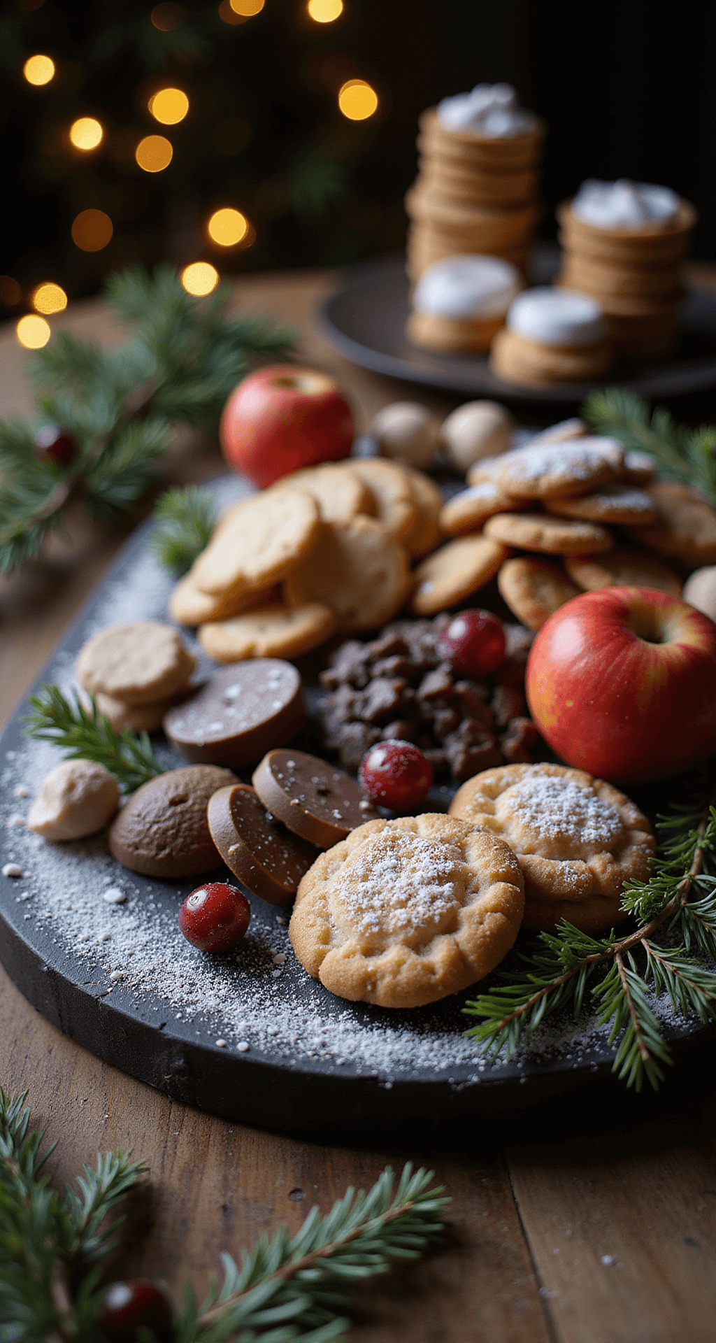 CHRISTMAS DESSERT DELIGHTS: Ultimate Holiday Sweet Guide An elegant Christmas dessert grazing board featuring an array of holiday treats, garnished with pine sprigs and cranberries, set on a dark wooden surface with twinkling fairy lights in the background and a dusting of powdered sugar.