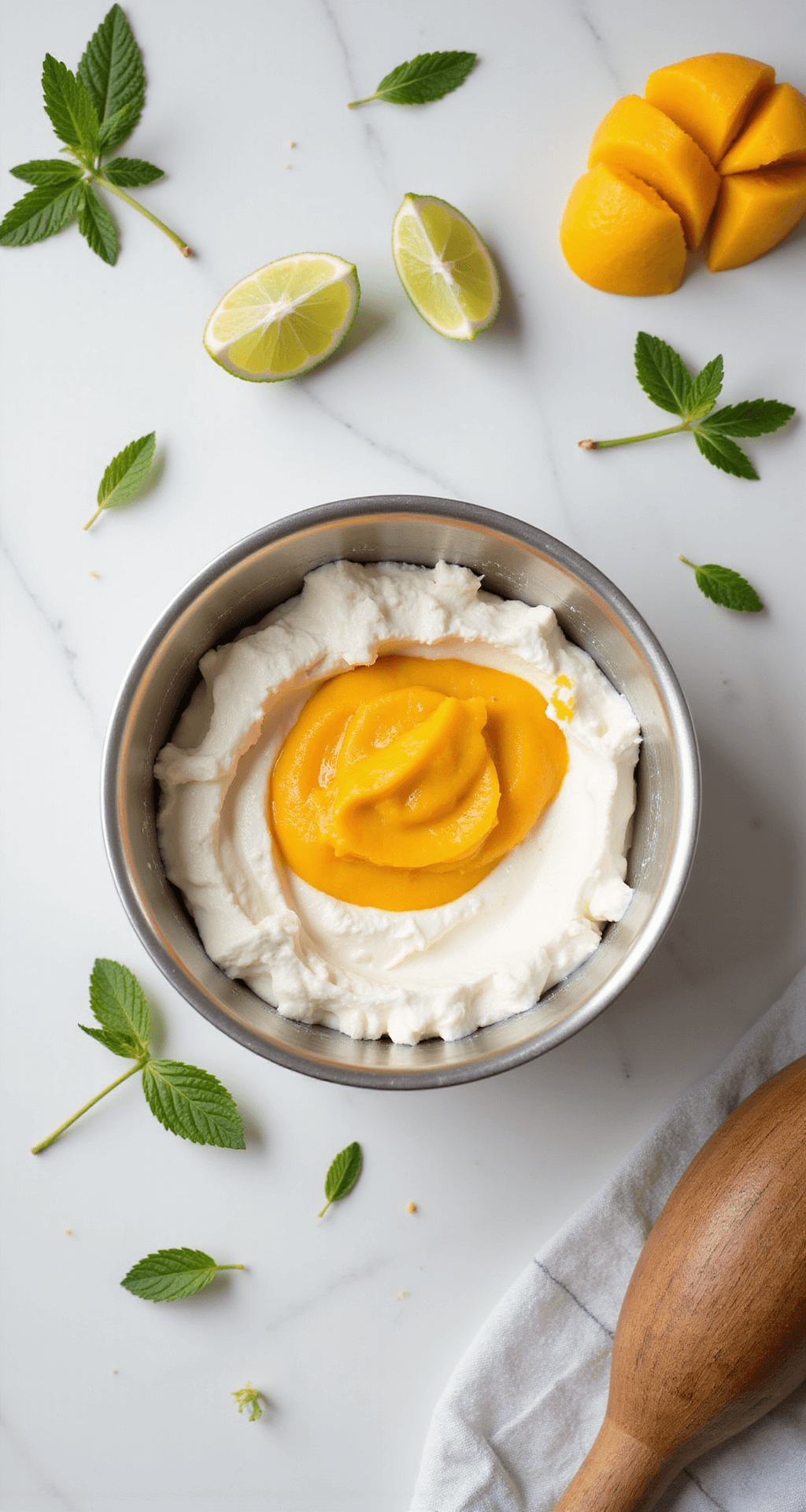 Irresistible Mango Desserts: Creamy, Cool, and Absolutely Delicious A sunlit kitchen with a marble countertop shows mango puree being folded into whipped cream, accented by mint leaves and lime wedges.