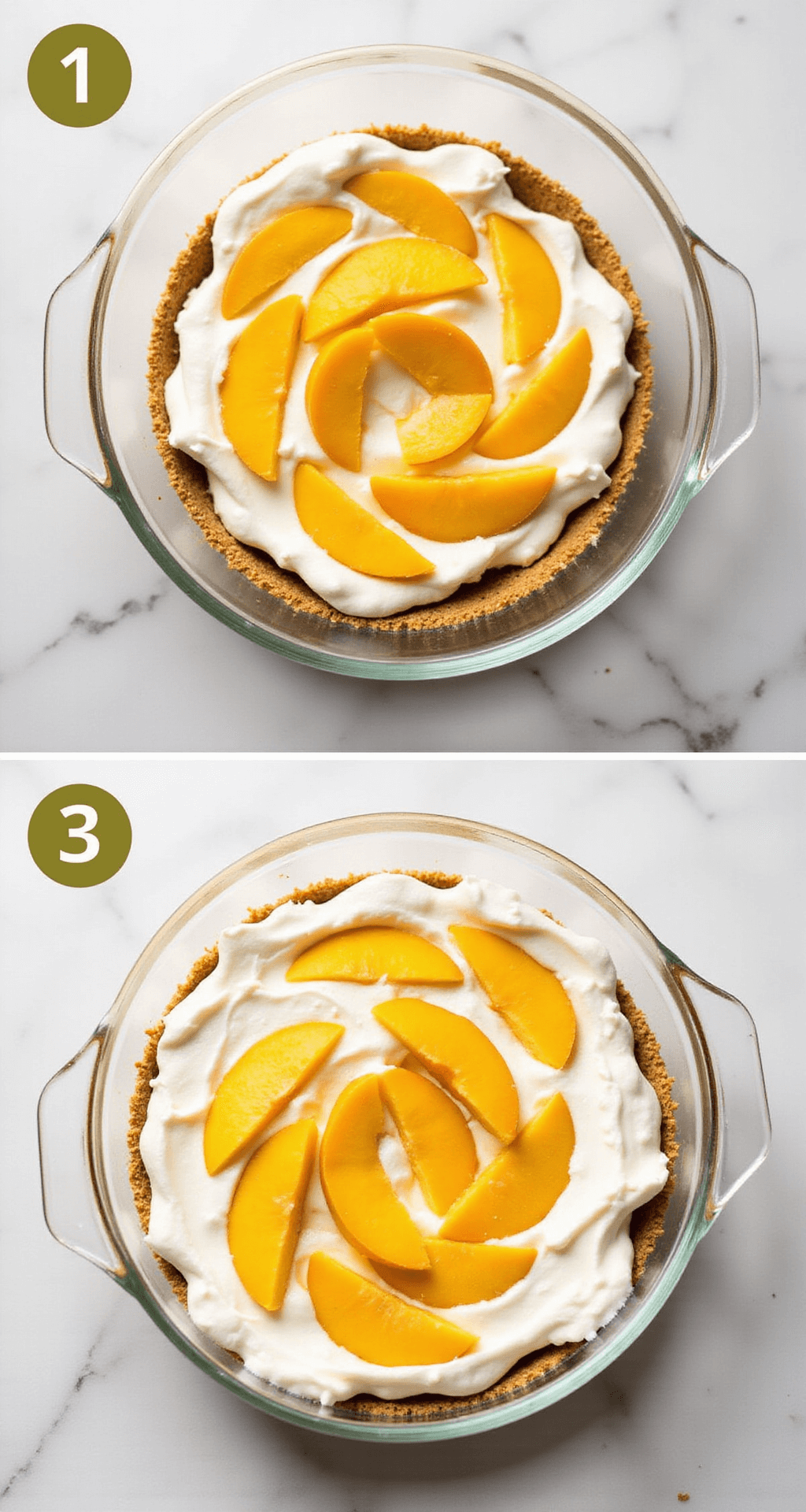 Irresistible Mango Desserts: Creamy, Cool, and Absolutely Delicious Overhead view of Mango Royale dessert with layered mango slices, cream, and graham cracker crust in a glass dish.