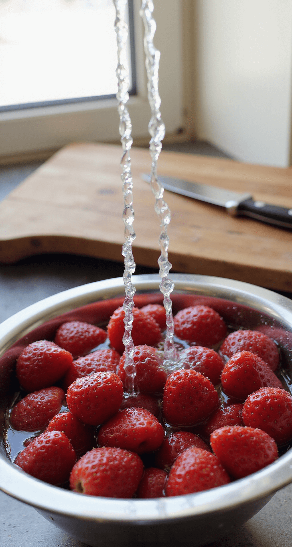 Ultimate Strawberry Dessert Recipes: From Classic Cakes to No-Bake Treats Close-up of ripe red strawberries being washed in a colander, with sunlight shining through a kitchen window, glistening water droplets on the fruit, a wooden cutting board, and a paring knife in the background.