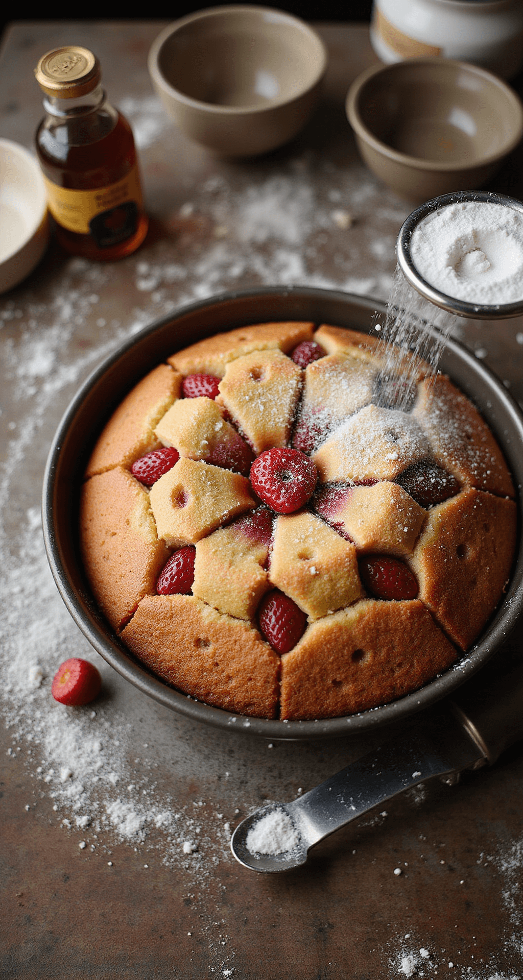 Ultimate Strawberry Dessert Recipes: From Classic Cakes to No-Bake Treats Overhead view of a rustic kitchen with a freshly baked golden-brown strawberry cake in a 9-inch pan, steam rising, strawberry pieces on top, and powdered sugar being sifted; vintage mixing bowls, a vanilla extract bottle, and scattered flour enhance the warm, authentic baking scene.