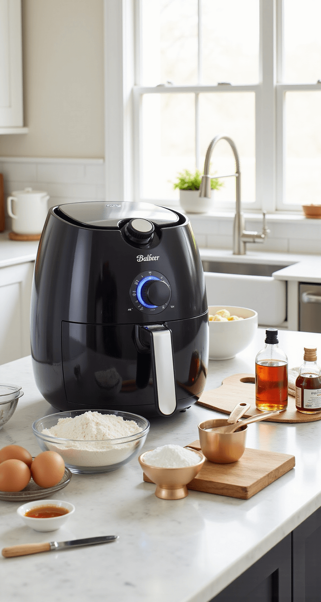 Ultimate Air Fryer Desserts: Quick, Crispy & Delicious Treats A modern kitchen with a marble countertop displaying organized baking ingredients like flour, eggs, sugar, and vanilla extract, alongside measuring cups and bowls. Sunlight filters through a window, highlighting a sleek air fryer with a soft blue LED glow.