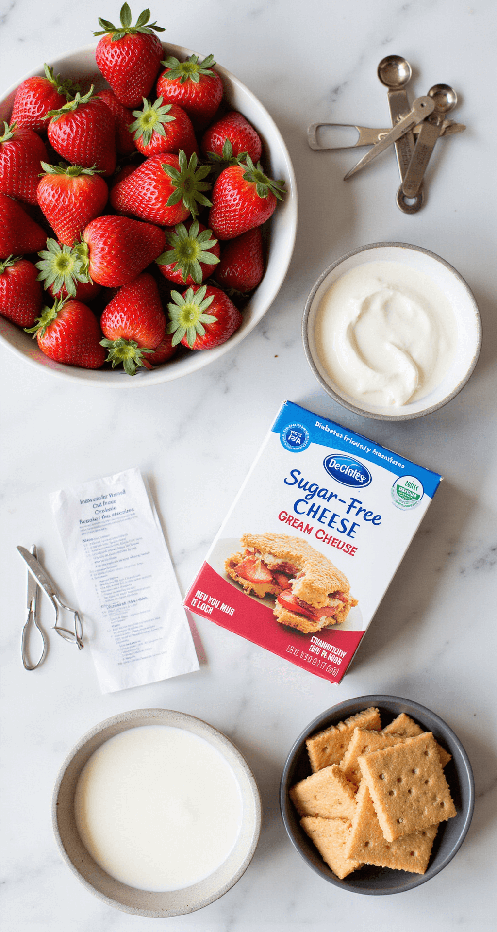 Diabetes-Friendly Dessert Recipes: Sweet Treats Without the Guilt A professional food photography scene featuring ingredients for a sugar-free strawberry cheesecake arranged on a marble countertop, with fresh strawberries, cream cheese, sugar-free graham crackers, measuring tools, a recipe card, and diabetes-friendly labels, all under soft, natural lighting.