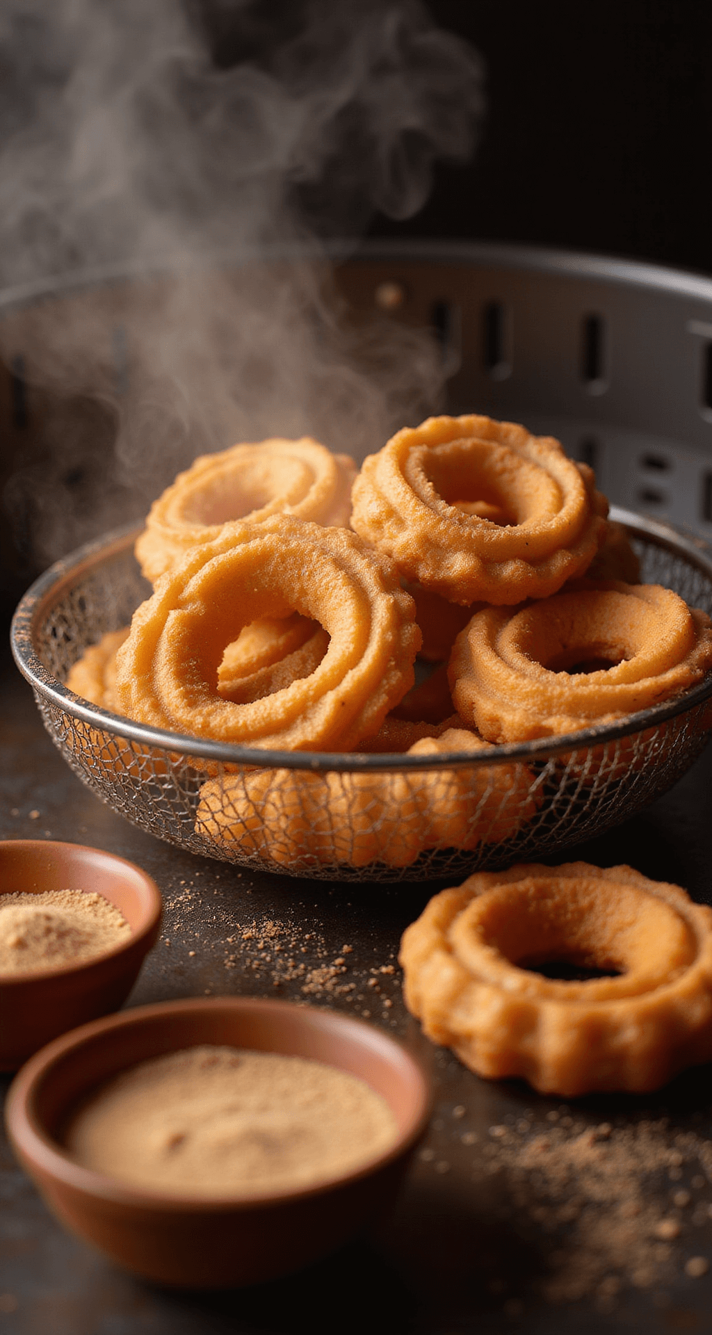 Ultimate Air Fryer Desserts: Quick, Crispy & Delicious Treats Close-up of golden-brown churros cooking in an air fryer, with steam rising and a bowl of cinnamon sugar nearby.