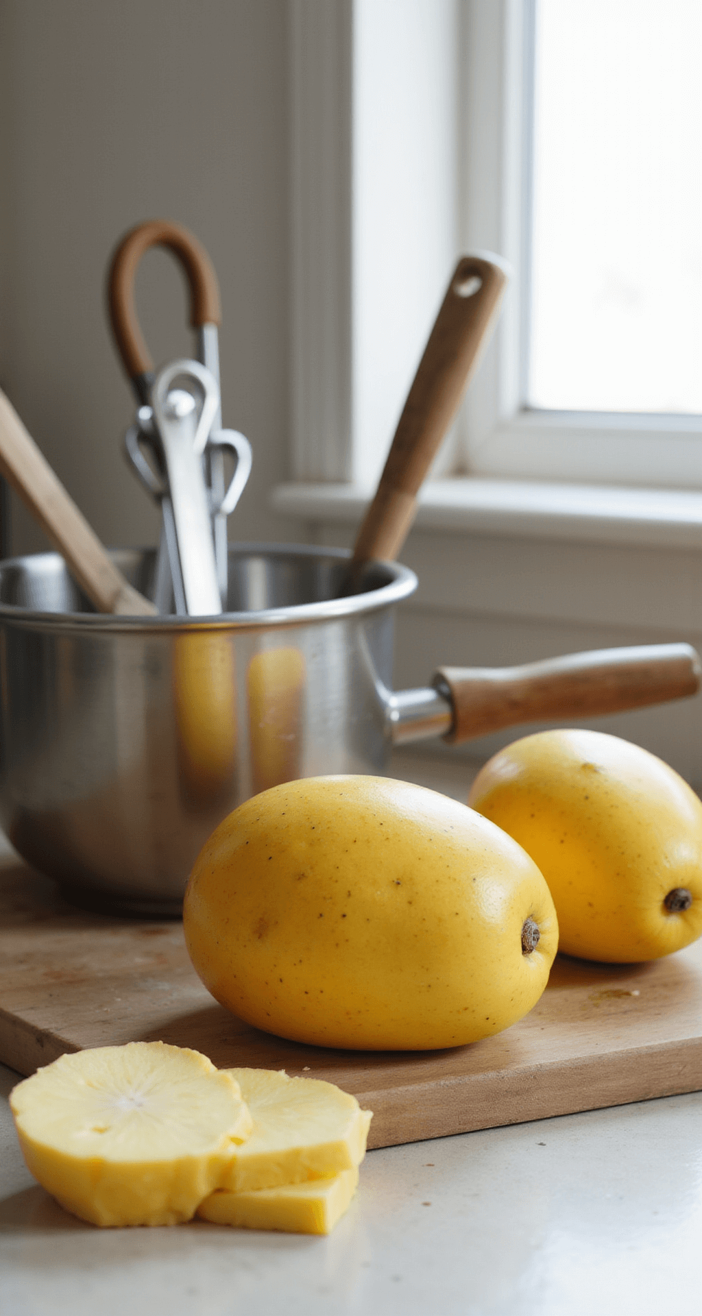 Ultimate Mango Dessert Recipes: Tropical Bliss in Every Bite A sunlit kitchen counter showcases golden-yellow mangoes next to stainless steel mixing bowls, with natural light illuminating the fresh ingredients, a chef's knife, and neatly organized measuring tools in a minimalist setup.