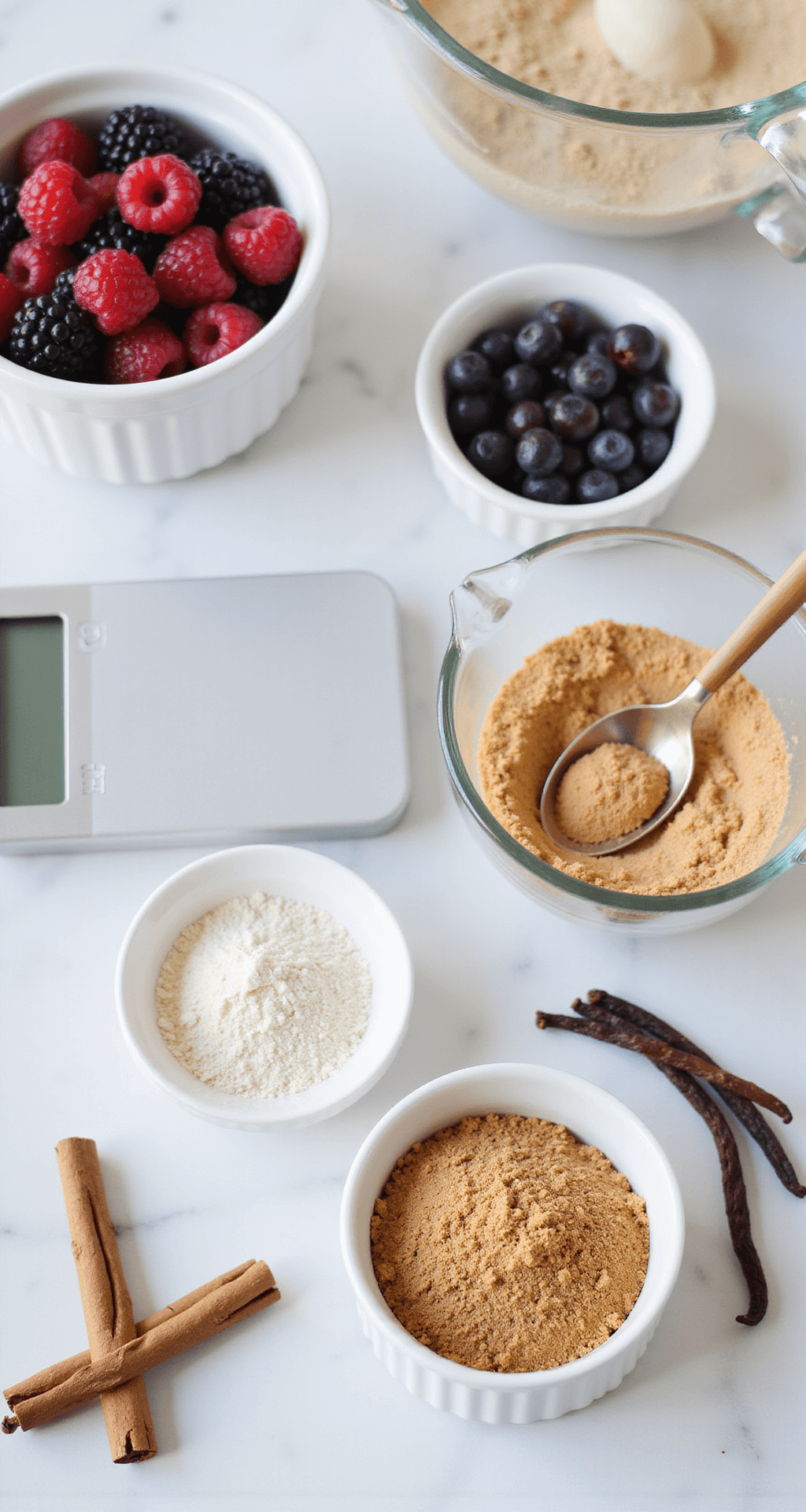 Diabetes-Friendly Desserts: Sweet Treats That Love Your Health Close-up of measuring cups and bowls with golden monk fruit sweetener, almond flour, and fresh berries on a marble countertop, illuminated by natural light. A digital scale shows measurements, with cinnamon sticks and vanilla pods adding decorative detail.
