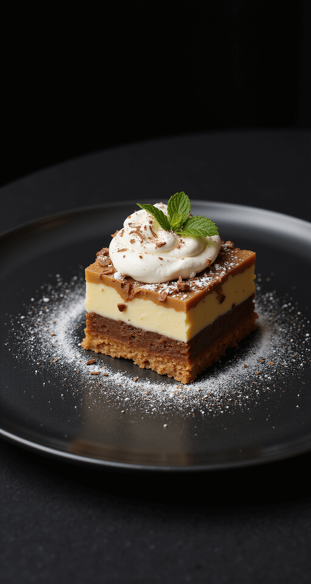 Decadent Sex in a Pan Dessert A square portion of multi-layered dessert on a black plate, with dramatic lighting highlighting chocolate shavings and a mint garnish.