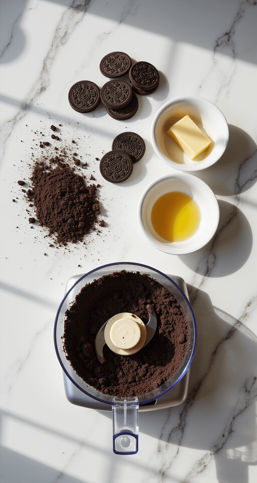 Ultimate No-Bake Oreo Dessert: A Creamy Chocolate Dream Marble countertop with crushed Oreos in a food processor, whole Oreos, and melted butter nearby, under natural light.