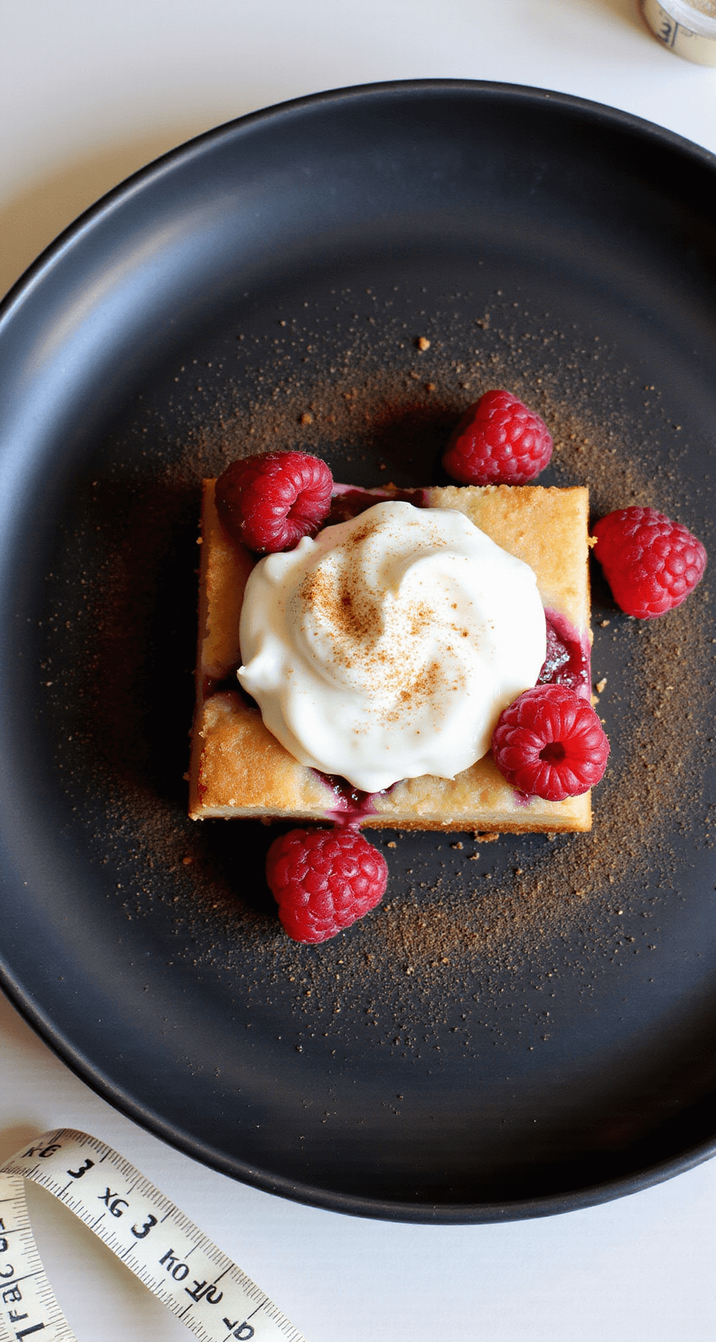 Diabetes-Friendly Desserts: Sweet Treats That Love Your Health Overhead view of a diabetes-friendly almond-flour cake slice on a matte black plate, topped with raspberries and vanilla Greek yogurt, accented by cinnamon and a measuring tape for portion control.