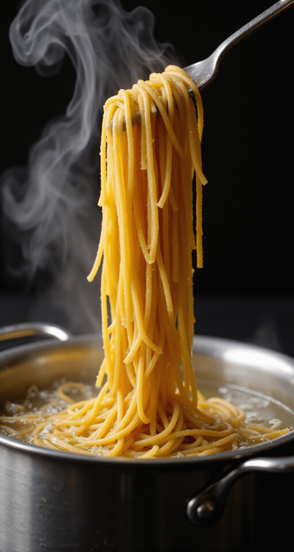 Garlic Parmesan Pasta: Your Ultimate Comfort Food Masterpiece Close-up of al dente spaghetti being lifted from a boiling pot, with steam rising and water droplets glistening, set against a dark background and warm lighting.