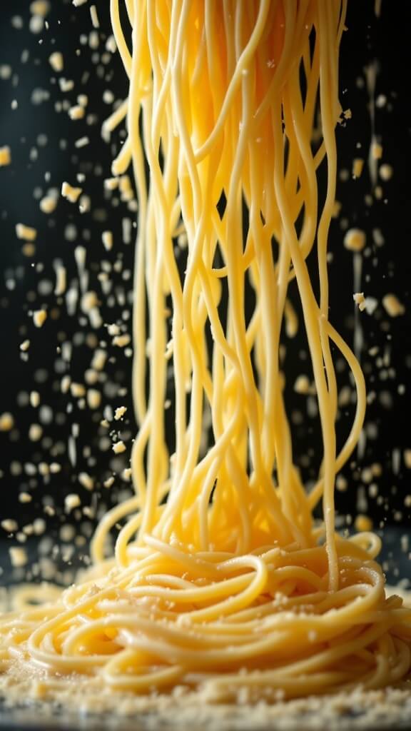 Garlic Parmesan Pasta (Quick & Creamy One-Pot Recipe) Pasta being tossed with creamy sauce, strands of spaghetti in mid-air with melting Parmesan cheese.