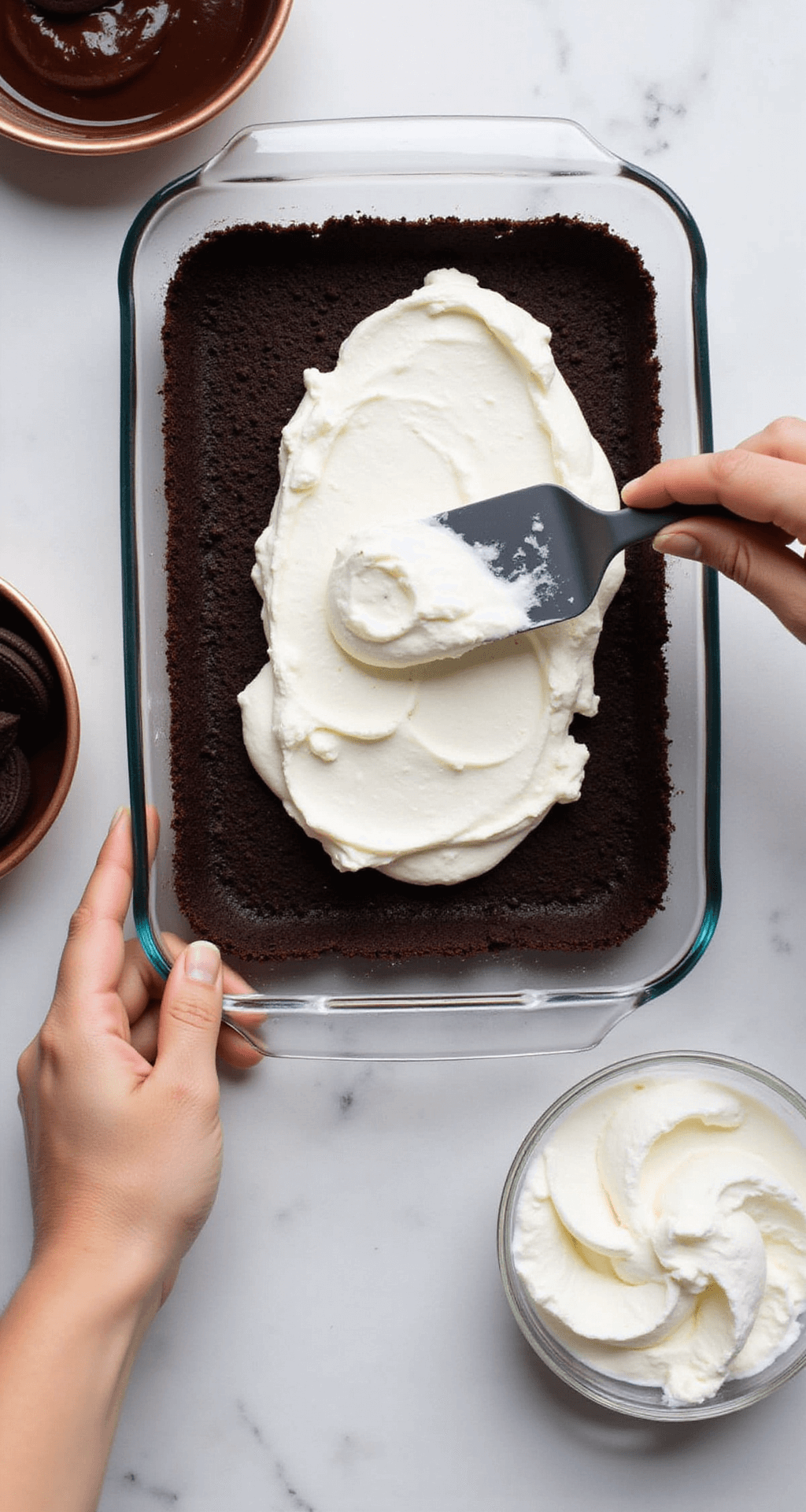 Ultimate No-Bake Oreo Dessert: A Creamy Chocolate Dream Overhead view of a glass dish with Oreo crust, cream cheese layer being spread, chocolate pudding in a bowl, and whipped topping swirls nearby.