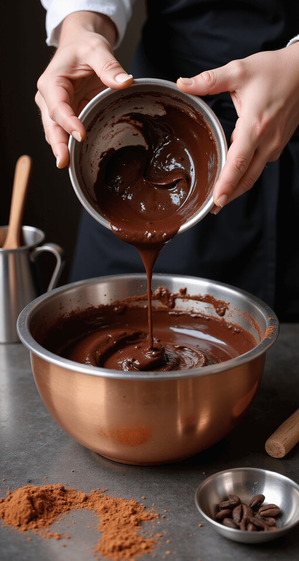 Ultimate Dessert Recipes: Your Complete Culinary Guide to Sweet Perfection An expert baker folds chocolate batter in a copper bowl under dramatic lighting, showcasing a marbled effect with scattered cocoa powder and vanilla beans, while a wooden spoon and gleaming stainless steel tools are nearby.