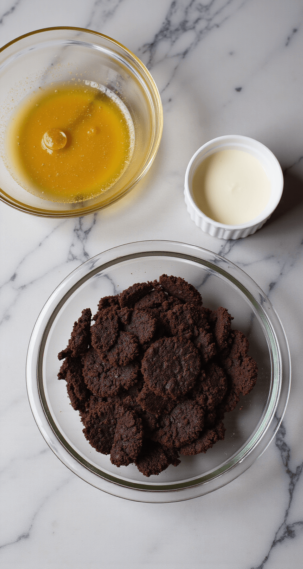 Decadent Dessert Cups: Unleash Your Sweet Creativity! Overhead view of dark chocolate cookies being crushed in a glass bowl with golden melted butter streaming, set on a marble countertop with dramatic lighting.