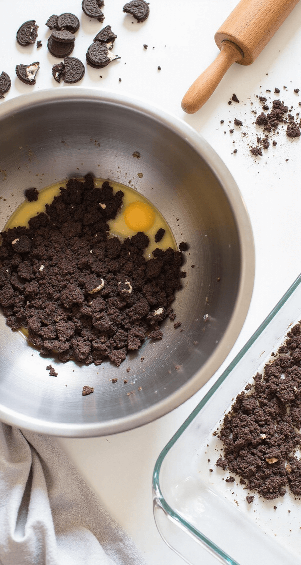 OREO DESSERT DELIGHT: THE ULTIMATE NO-BAKE CROWD-PLEASER Overhead view of crushed Oreo cookies mixed with melted butter in a stainless steel bowl, scattered cookie pieces with different textures, soft natural light from the left, a clean 9x13 glass baking dish nearby, and a rolling pin covered in cookie crumbs in the background.