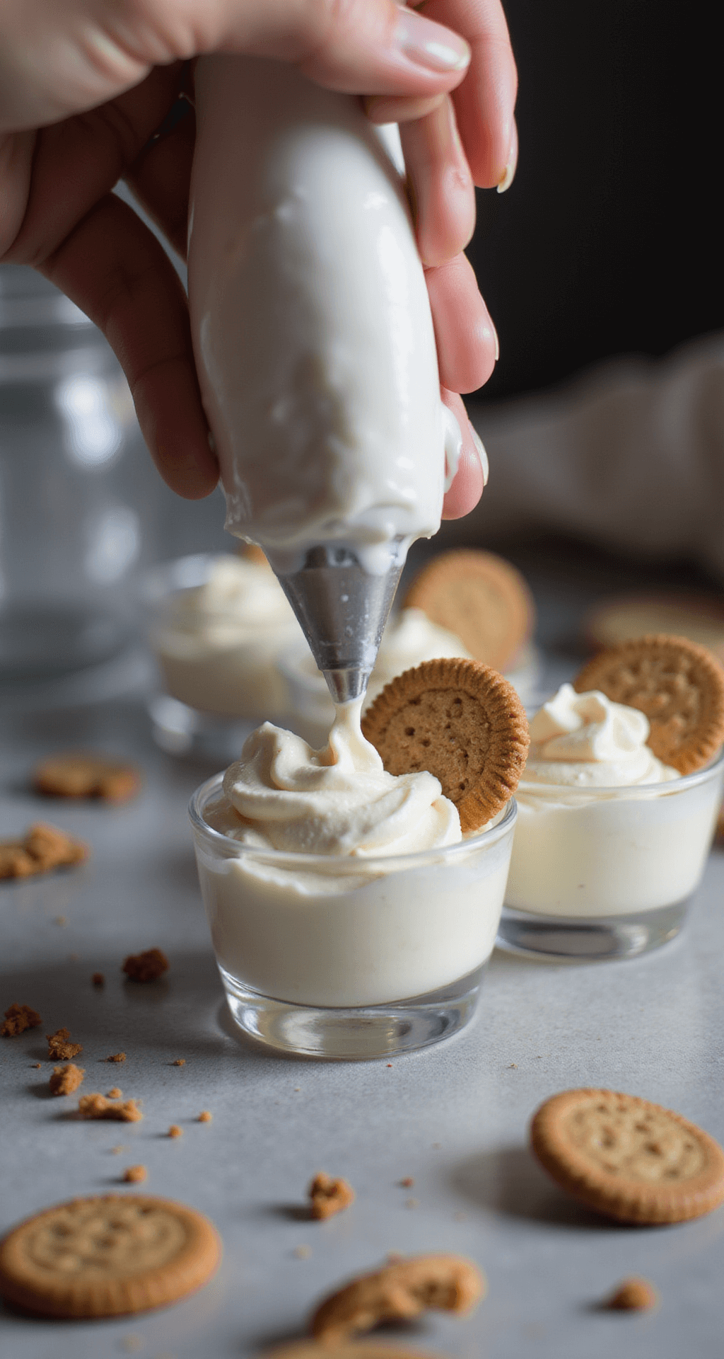Decadent Dessert Cups: Unleash Your Sweet Creativity! Professional kitchen scene with silky white cream being piped into clear dessert cups, scattered with cookie crumbs, softly lit and garnished with mini cookies, with dewdrops on the cream.