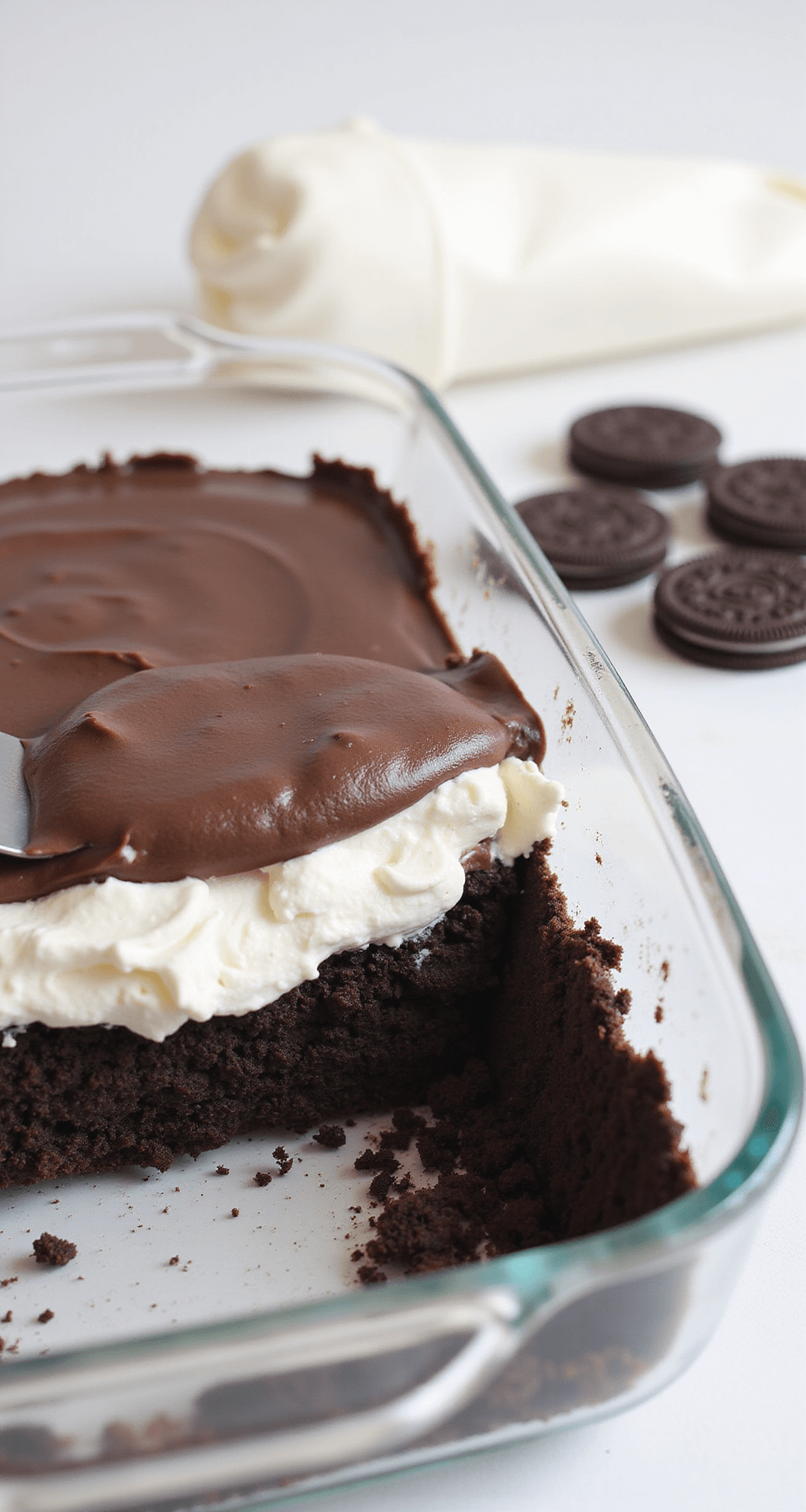 OREO DESSERT DELIGHT: THE ULTIMATE NO-BAKE CROWD-PLEASER Close-up side angle of a partially assembled no-bake Oreo dessert in a glass pan, showcasing distinct layers of dark Oreo crust, creamy white cream cheese, and rich chocolate pudding being smoothed with an offset spatula, with soft lighting enhancing the textures and a few whole Oreos and a piping bag of whipped cream in the background.