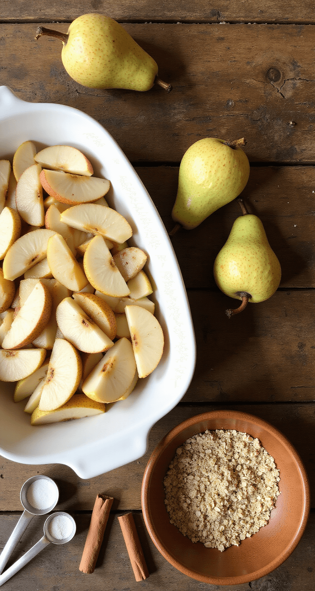 Irresistible Pear Desserts: From Crumbles to Cakes A cozy kitchen with chopped pears in a dish, crumble mixture in a bowl, and cinnamon sticks on a wooden counter.