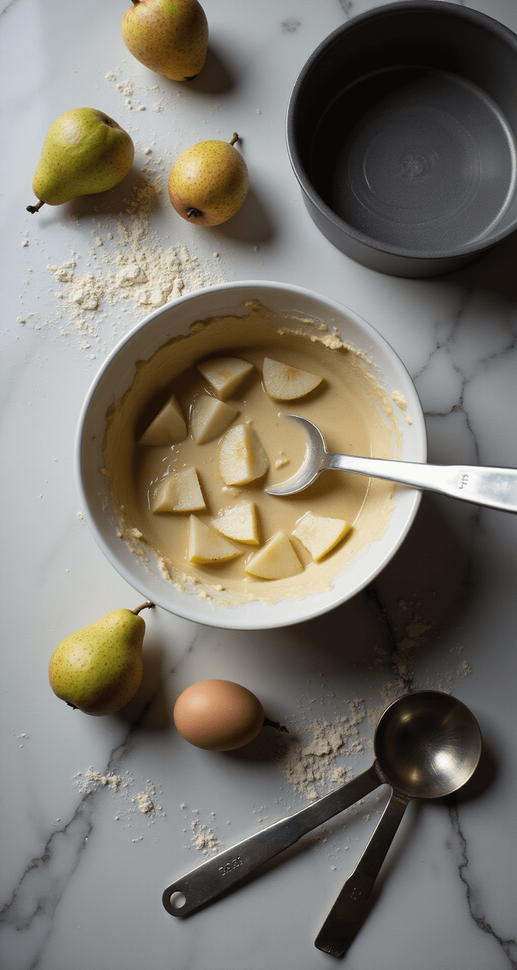Irresistible Pear Desserts: From Crumbles to Cakes An elegant kitchen scene with a vintage mixing bowl of creamy cake batter and diced pears on a marble countertop, illuminated by soft window light, with flour dust in the air, fresh pears, eggs, and measuring spoons, next to a traditional Italian ceramic cake pan.
