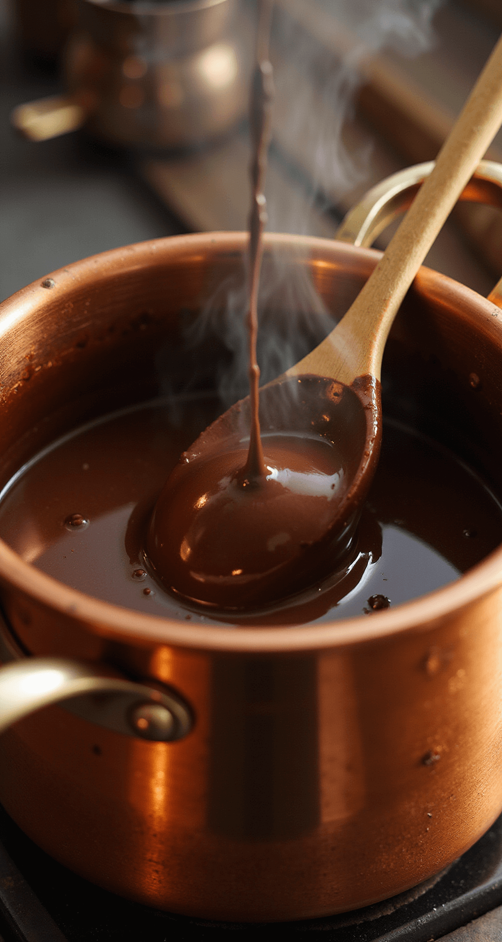 Ultimate Chocolate Dessert Collection A close-up of dark chocolate melting in a shiny copper double boiler, with steam rising and warm golden light enhancing its glossy texture, as it cascades smoothly from a wooden spoon.