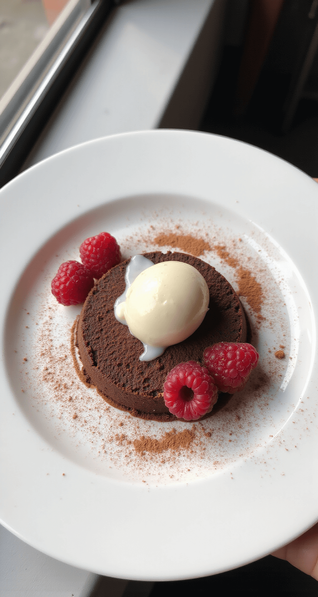 Ultimate Chocolate Dessert Collection An overhead view of a white ceramic plate with a beautifully presented chocolate dessert, decorated with fresh red raspberries and a dusting of cocoa powder, alongside a slowly melting quenelle of vanilla ice cream.