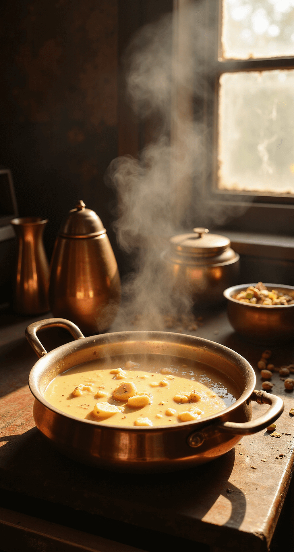 3 Easy Indian Dessert Recipes: Instant Kalakand, Carrot Kheer, and Gulkand Peda Rustic Indian kitchen with a copper pan of ricotta and condensed milk mixture turning into golden-brown kalakand, steam rising, cardamom, pistachios, and copper vessels in the background.