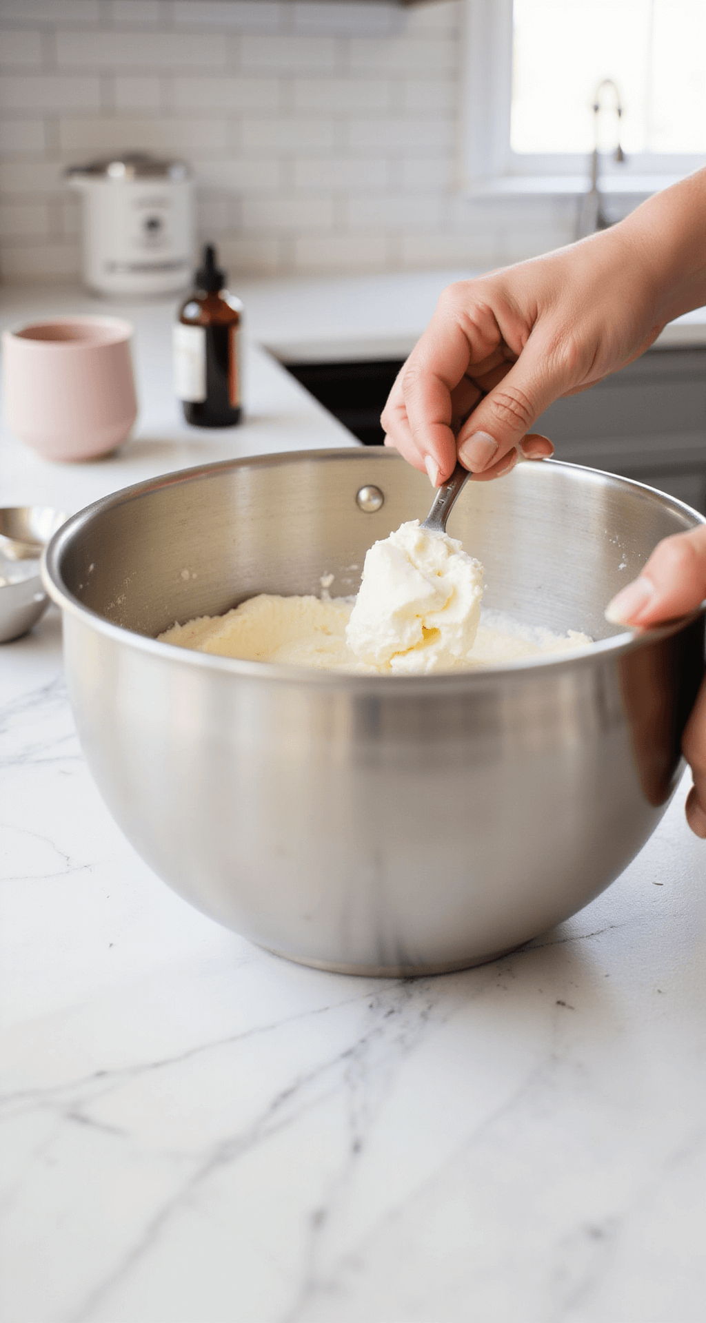Ultimate Dessert Cups: Irresistible No-Bake Treats for Every Occasion Close-up of hands beating cream cheese in a stainless steel bowl, with natural light illuminating the silky texture, measuring spoons and a vanilla extract bottle nearby, in a professional kitchen with a marble countertop.